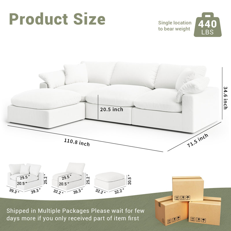 Oversized Cloud Modular Sectional Sofa, Comfy Down Filled Sectional Sofa, Upholstered Deep Seat Couches For Living Room, Detachable & Washable For All Sofa Covers