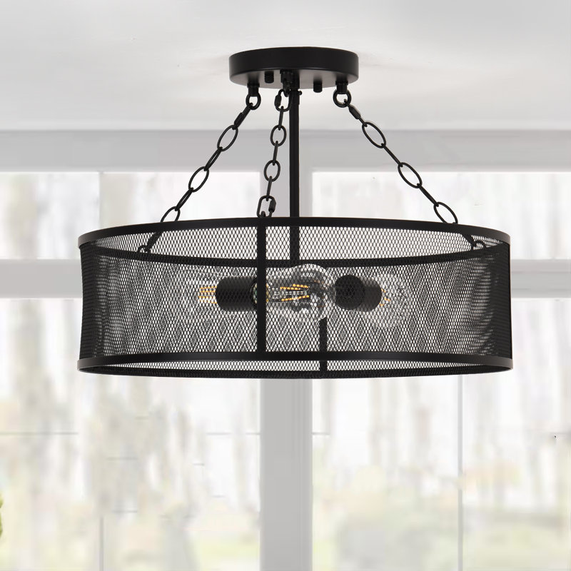 3-Light Matte Black Drum Farmhouse Semi-Flush Mount