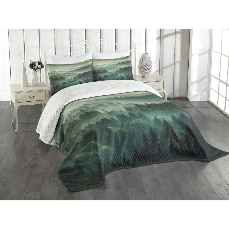 Queen White Quilted Bedspread Set with Forest Design