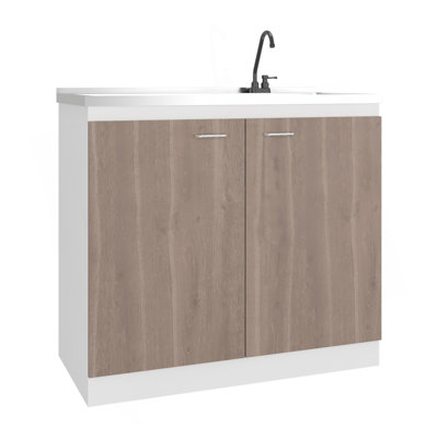 Évier utilitaire avec robinet intégré Napoles, comptoir intégré en acier inoxydable, armoire autoportante avec deux portes, poignées en métal et deux tablettes intérieures, espresso clair