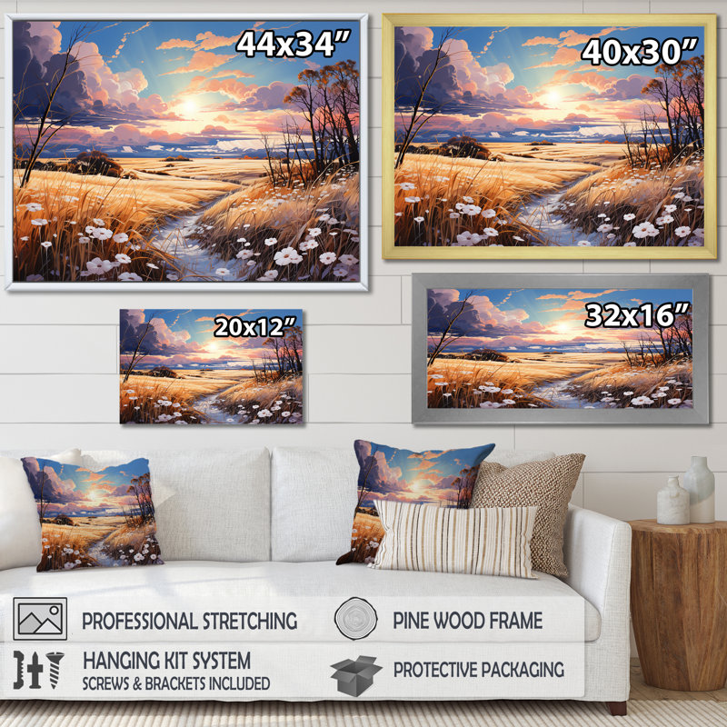 Kawaii Paries, paysage au coucher du soleil, H 24 po x l 32 po x P 1 po, Cadre simple blanc