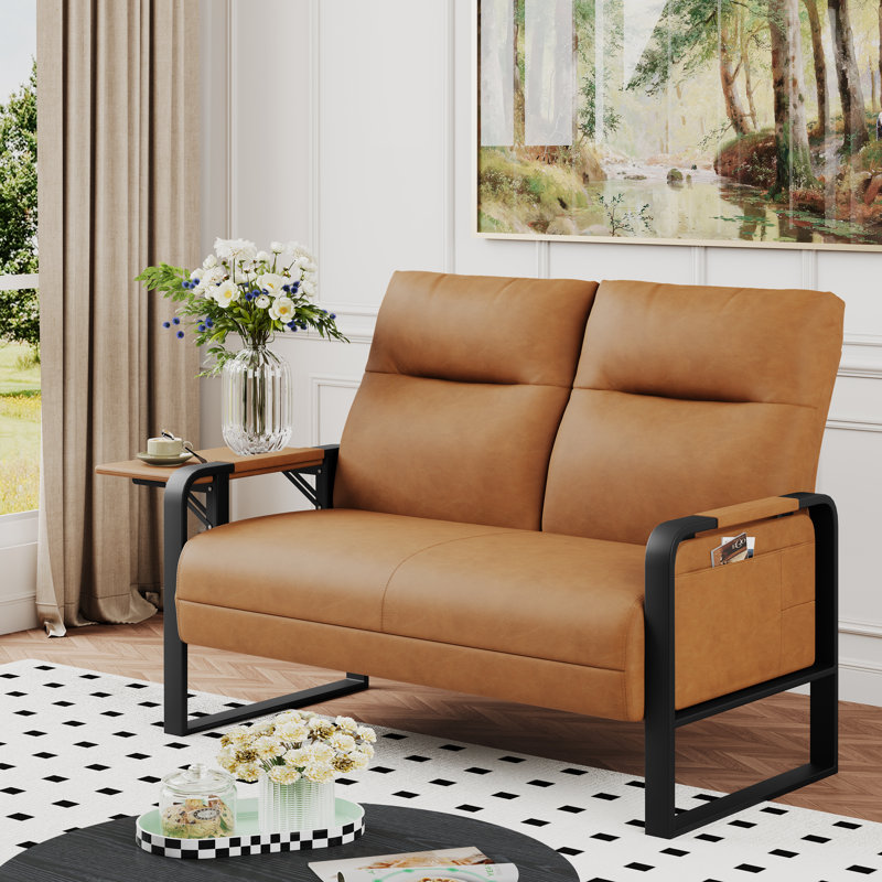 49.6" Faux Leather Mid-Century Loveseat 2 Seater Sofa, Brown