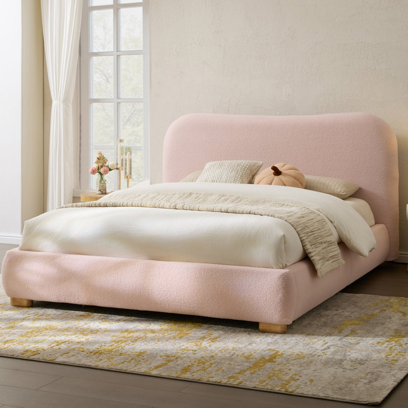 Lit plateforme tapissier moderne avec tête de lit courbée et pied de lit arrondi, Grand, Rose