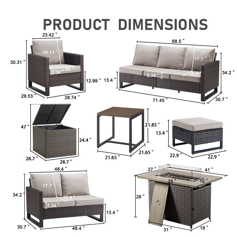 Ensemble de conversation d'extérieur en osier 7-9 personnes avec table de foyer Ingvald, Beige, 4