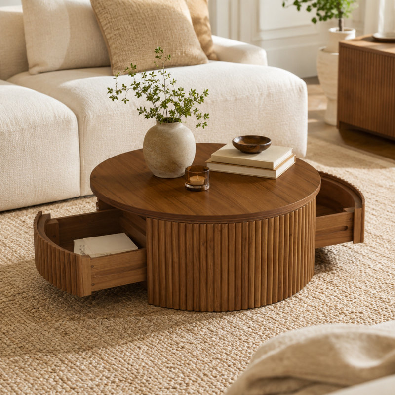 Table basse ronde cannelée Caston, 14.2" H x 30.3" W x 30.3" D, Bois brun / brun