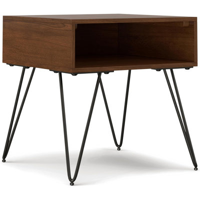 Industrial Solid Wood Walnut Veneer Metal End Table With Hairpin Legs For Living Room And Bedroom