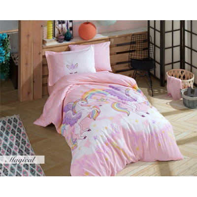 Ensemble de housse de couette simple en popeline de coton Elegant, rose, jaune et blanc | Housse de couette 63 x 87, drap plat 63 x 94, taie d'oreiller 20 x 28 | 100% coton, lavable à la machine, 152 fils, fermeture à boutons