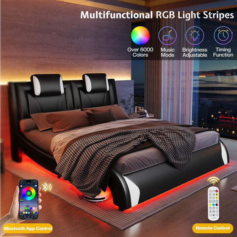 Floating Bed Frame with LED Lights, Modern Faux Leather Upholstered Platform Bed