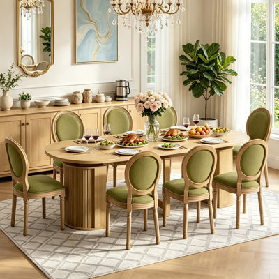 Ensemble de salle à manger extensible 9 pièces pour 8 personnes, table de cuisine ovale en bois naturel de 119 à 300 cm avec base de rangement, 8 chaises capitonnées françaises