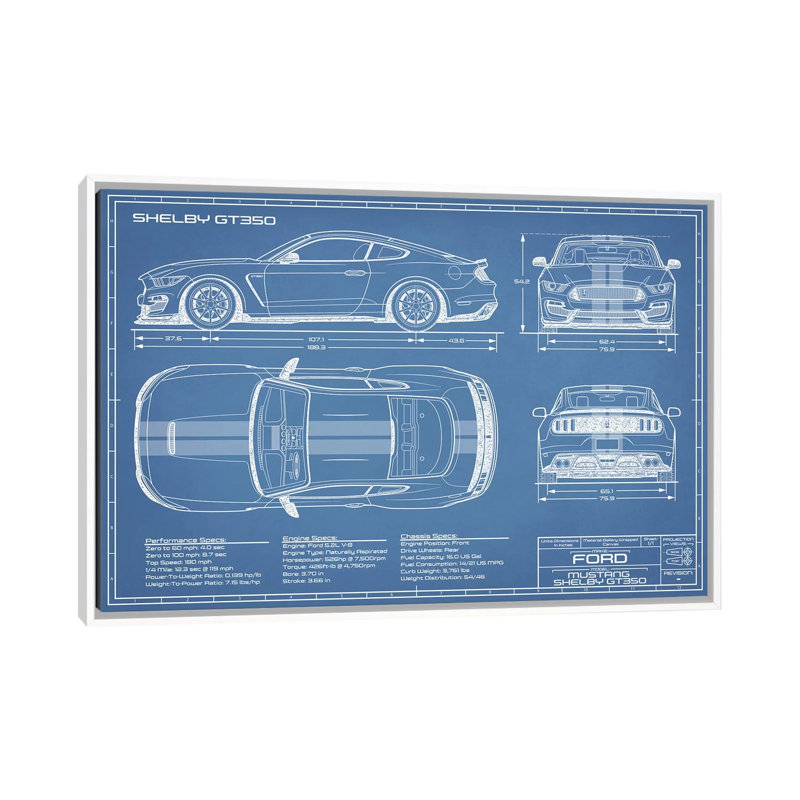 GT350 Shelby (2015-2019) Blueprint-impression de dessin, Pas de tapis, H 26 po x l 40 po x P 1,5 po, Toile blanche encadrée