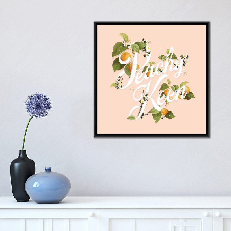 «Peachy Keen Peach», art textuel sur toile, H 18 po x l 18 po x P 1,5 po, Pas de tapis, Toile avec cadre noir