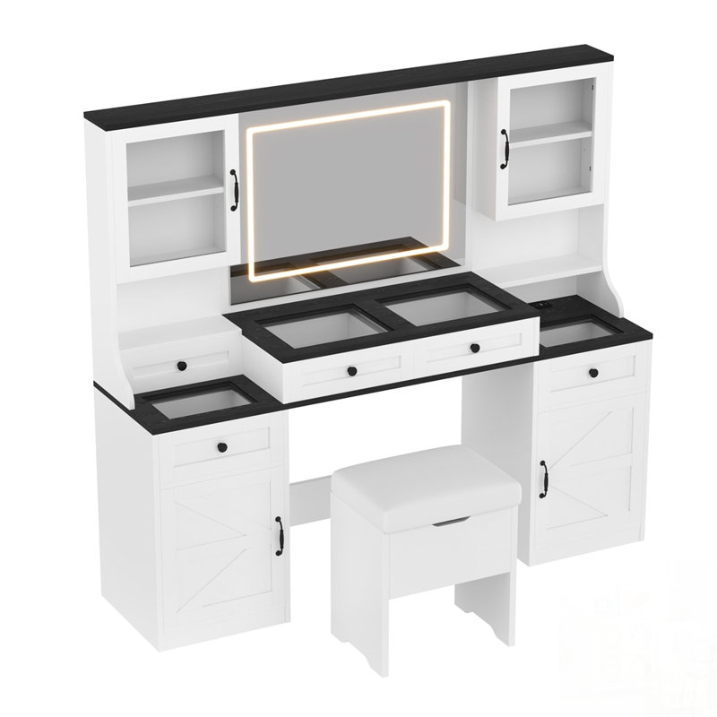 Farmhouse Vanity Desk with Mirror, LED Lights, 5 Drawers, 4 Cabinets, Glass Top, and Cushion Stool for Bedroom