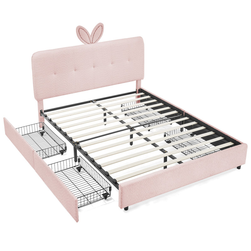 Lit tapissier pour enfants avec tête de lit surdimensionnée, lumière DEL et 4 tiroirs de rangement, tissu Boucle, Double