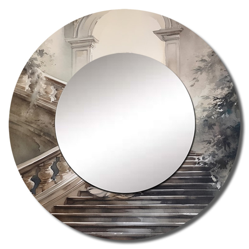 Pirley Stunning Girl By The Stairs II - Romantic Decorative Mirror, Beige Round Wall Mirror, Printed Metal Art, 23" x 23"