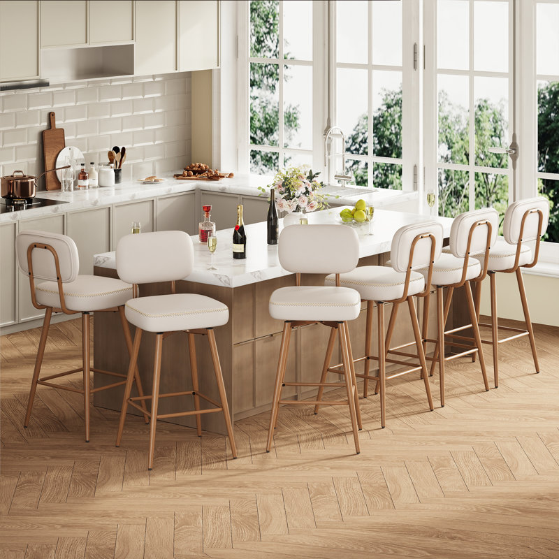 Modern Swivel Upholstered Counter Stools with Metal Frame, Beige