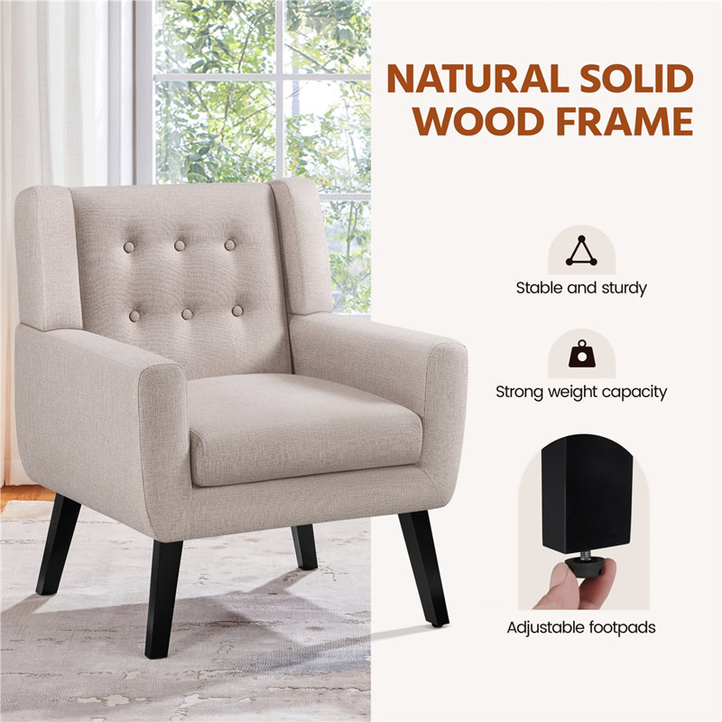 Upholstered Armchair with Solid Wood Legs, Beige