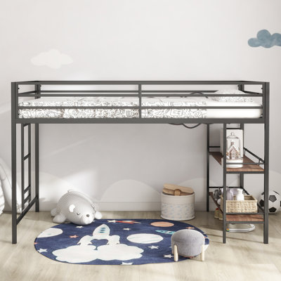 Low Loft Bed Twin Size, Heavy Duty Metal Frame W/storage Shelves, Ladder & Full-length Guardrails, Ample Under-bed Space, Kids Loft Bed With Stairs For Boys Girls Junior, No Box Spring Needed,black