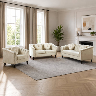 3-Piece Beige Velvet Chesterfield Living Room Set, 75"Sofa + 60" Loveseat + Accent Chair