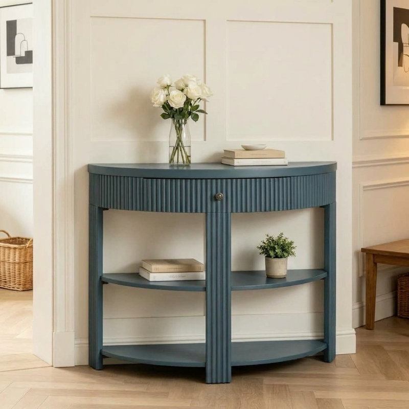 Console en demi-lune – Table d'entrée incurvée en forme de demi-lune avec tiroir et 2 étagères, meuble de rangement moderne pour salon, couloir, espaces étroits