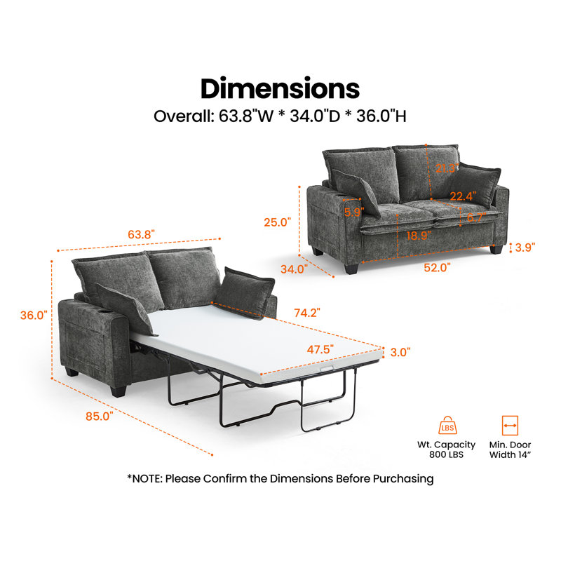 2-in-1 Pull-out Full Side Rv Sleeper Sofa Bed Convertible Chenille Sofa With 20w Fast Charging Led Light Memory Foam Couch Layered Cushion Trim