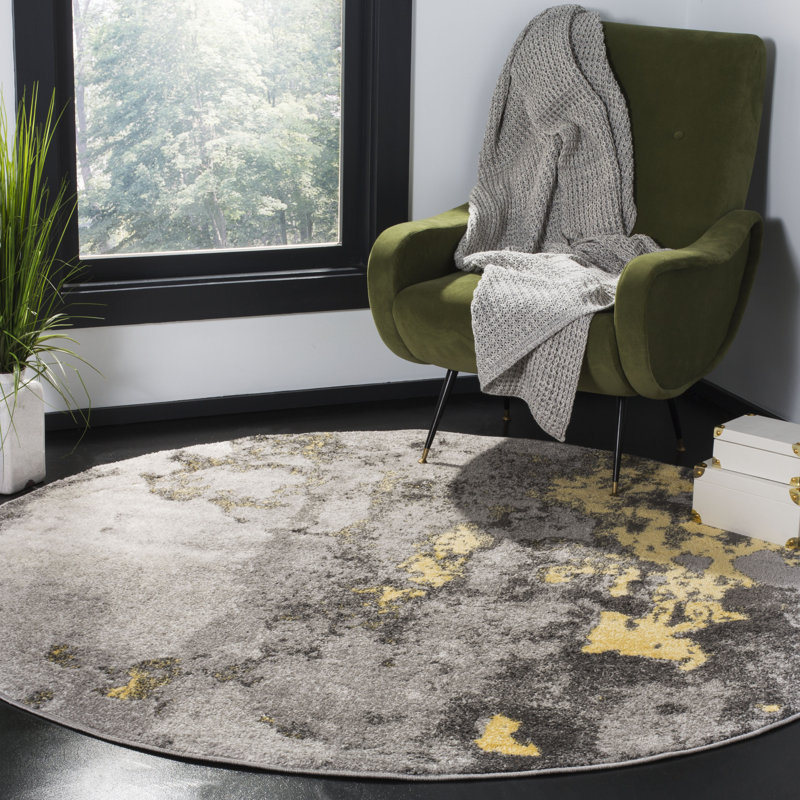 Tapis gris / jaune en polypropylène tissé à la machine à motif abstrait Riebe, Rond 8 pi