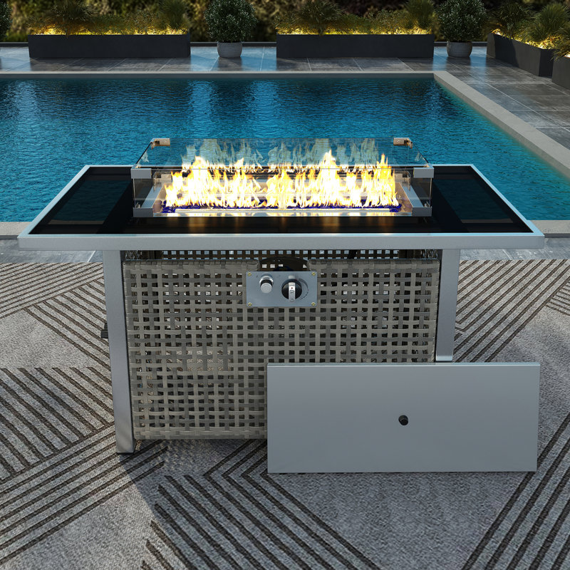 43" Rectangular Grey Open Weave Propane Fire Pit Table, 60000 , With Blue Glass Stones, Tempered Wind Guard, And 20lbs Storage For Outdoor Entertaining Events Gas 43", Color, Removable - Rust Lid