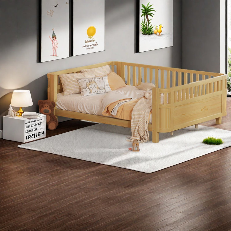 Grand lit plateforme moderne en bois, conception discrète et durable pour les espaces familiaux
