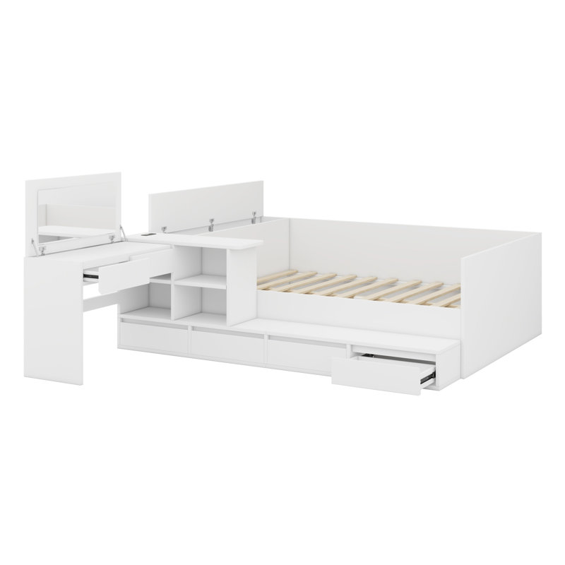 Lit plateforme en bois avec tiroirs, tablettes et coiffeuse, Blanc