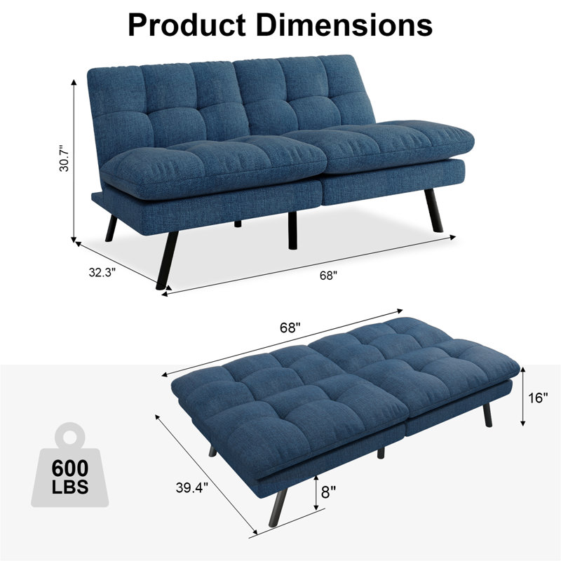 Pavithra 68'' Tufted Convertible Futon Small Sofa Bed, Blue Linen
