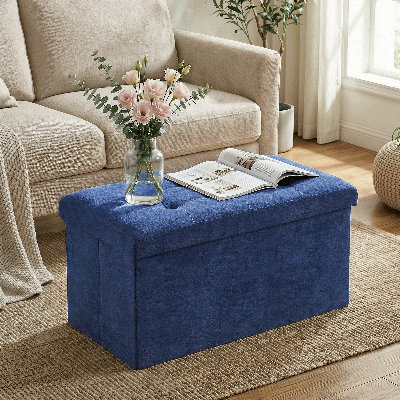 30" Collapsible Storage Ottoman Bench, Cotton-Linen Footrest With Storage, For Living Room, Bedroom Entryway