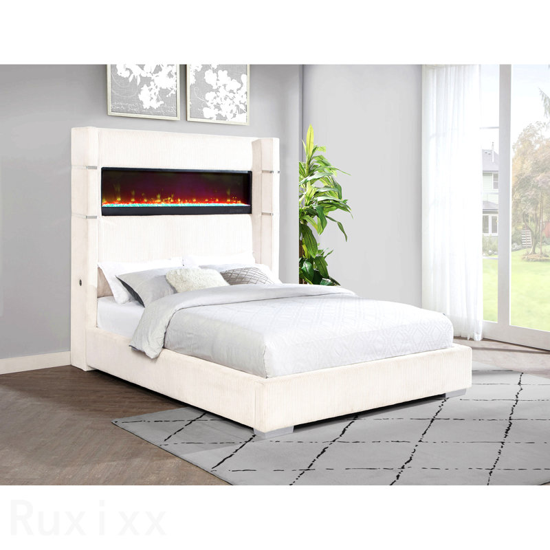 Judah Cream Upholstered Queen Flame Visualizer Bed, Cream, Queen