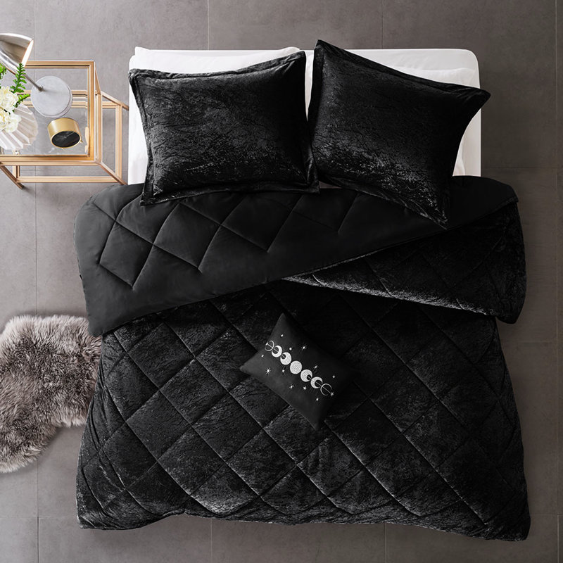 Édredon en velours noir simple / simple TG - matelassage losange, lavage en machine, coussin décoratif noir, jeté inclus