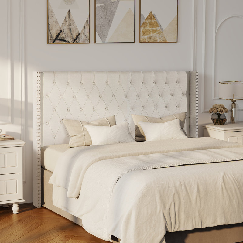 Tufted Wingback Upholstered Headboard with Nailhead Trim, Ivory-Linen, Queen