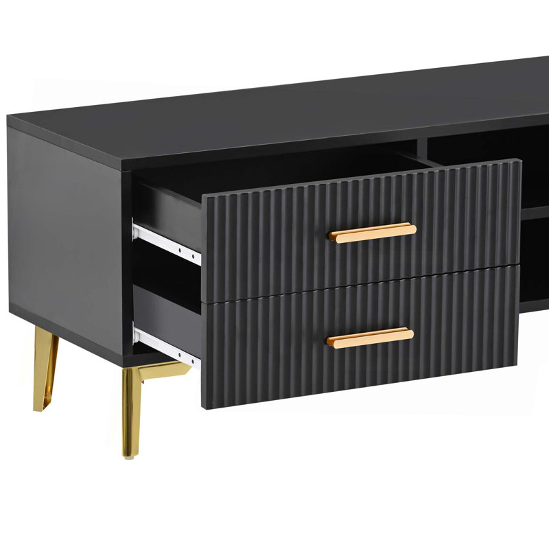 Meuble télé moderne avec 5 pieds champagne, téléviseurs de rangement durables, élégants, spacieux et polyvalents, Noir