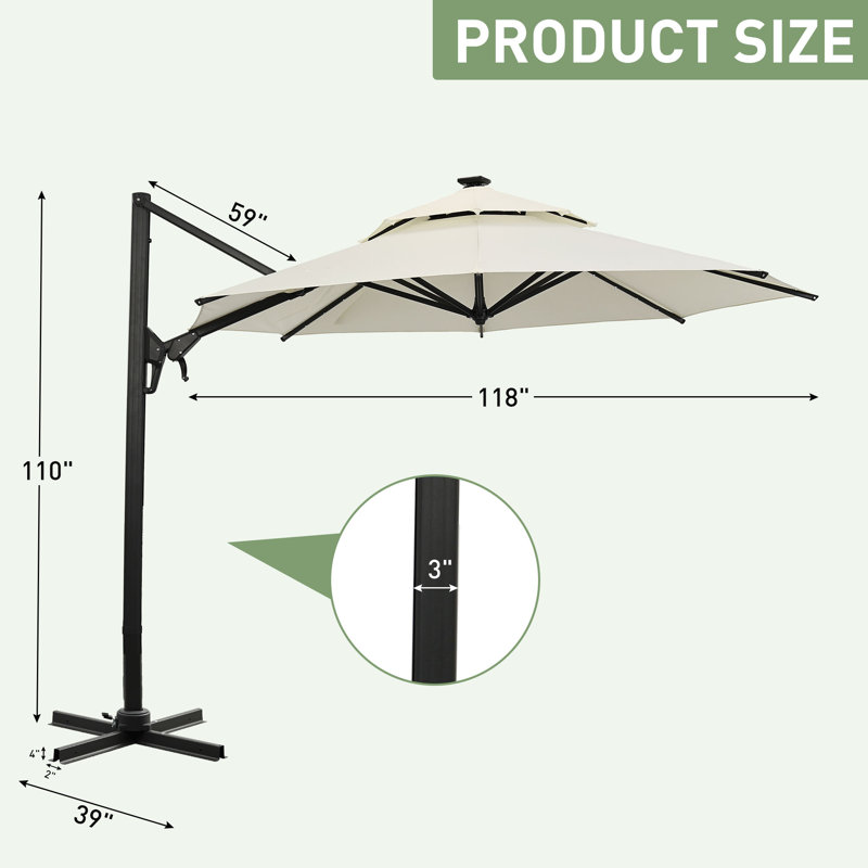 10FT Cantilever Umbrella with Lights, Solution-Dyed Fabric-White, White