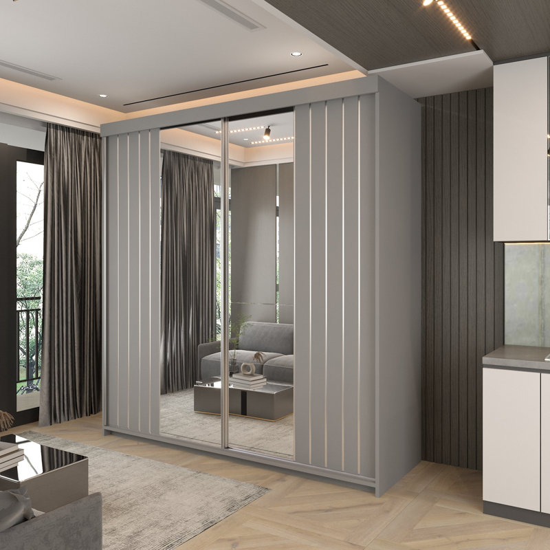 Modern Double Sliding Door Wardrobe in /Grey/Oak/White, 217cm H x 203cm W x 62cm D, Grey