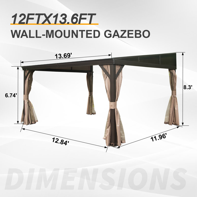 Aluminum Patio Gazebo Lean to Wall Mounted Pergola with Sloping Galvanized Steel Roof, 14 ft x 12 ft