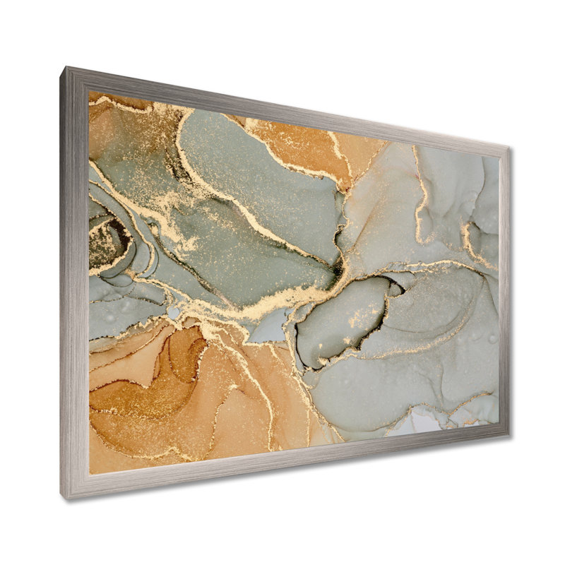 «Brown Luxury Abstract Fluid IV», peinture sur toile, Impression encadrée, H 30 po x l 40 po, Argent argent