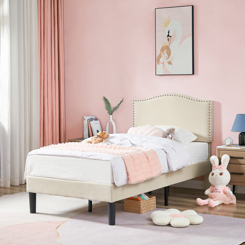 Structure de lit tapissier Auxter, Simple, Beige