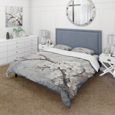 Minimalism White And Grey Cherry Blossom - Cherry Blossom Duvet Cover Set