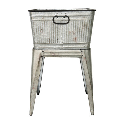 Large Galvanized Tub On Stand, 20.5X20.5X21 Inches, Entertaining, Home Decor, Rustic Design, Rivet Details Fasteners