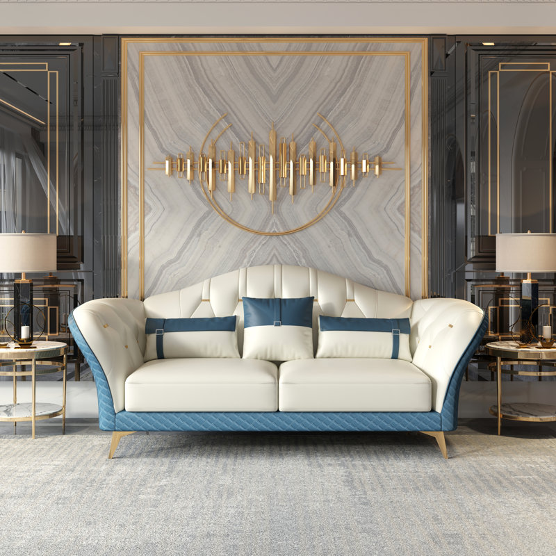 Amalia Sofa, White/Blue Genuine Leather