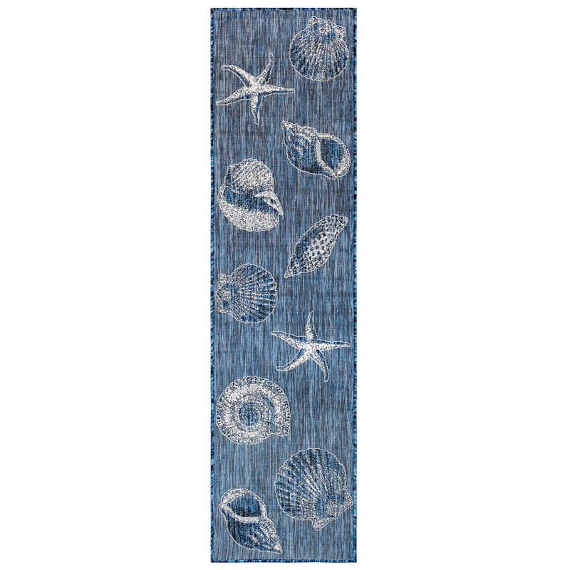 Tapis intérieur / extérieur bleu / blanc Saldanha, Tapis de couloir 1 pi 11 po x 4 pi 11 po