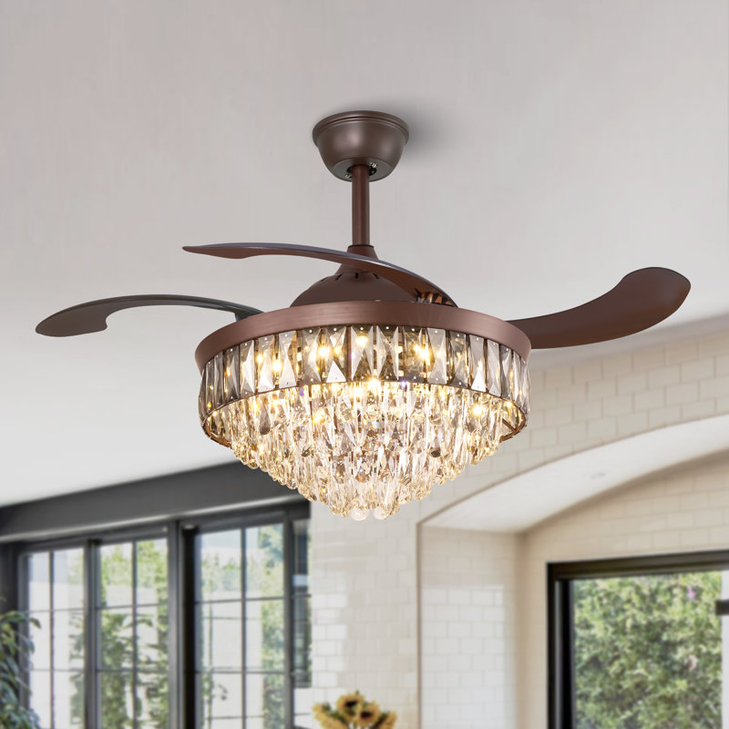 Kaelig 42" Crystal  Invisible Ceiling Fan Light with Remote Control, Retractable Fan Blades