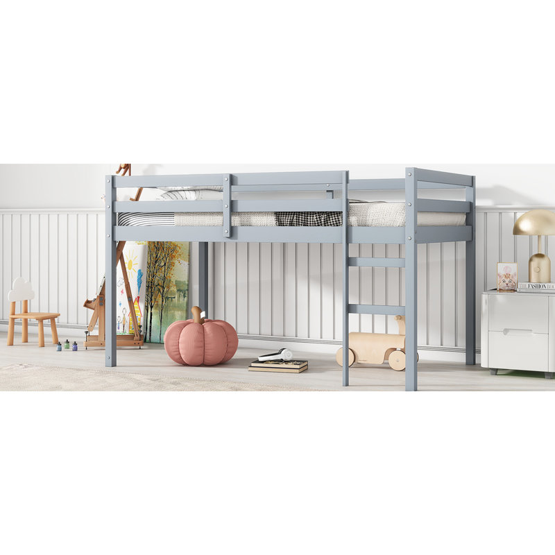 Grey Twin Loft Bed With , Solid Rubber Wood. Platform Strengthened Slats. Extra Storage Space Under Bed. Low Height For Peace Of Mind Bed, Color. Wood Made. Included. Slat Long-Term Durability. Under