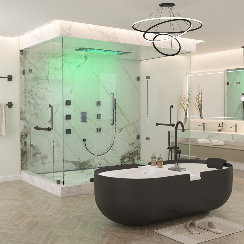 35”L x 12”W Flush-Mount LED Bluetooth Music Rainfall Shower System with Smart Touch Screen Display, Matte Black
