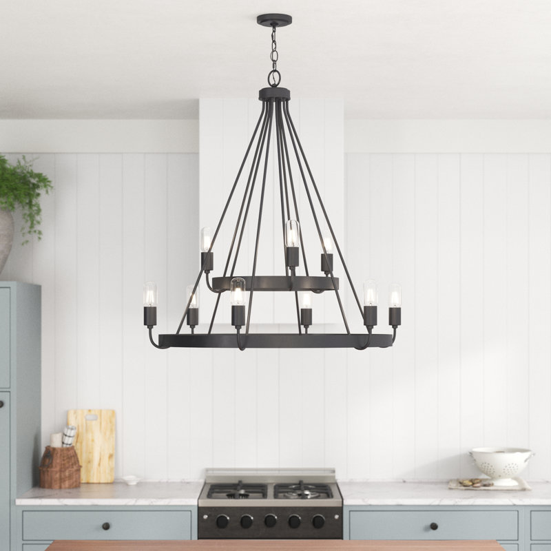 Lustre unique en forme de roue de chariot à 9 lumières Bailey, Noir mat