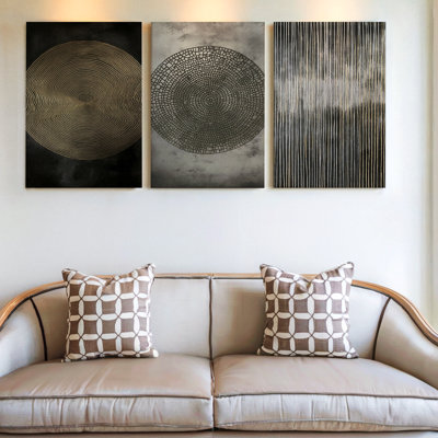 3 pièces d'art mural géométrique abstrait moderne avec motifs circulaires texturés, art mural trois pièces pour le salon, la chambre à coucher et le bureau
