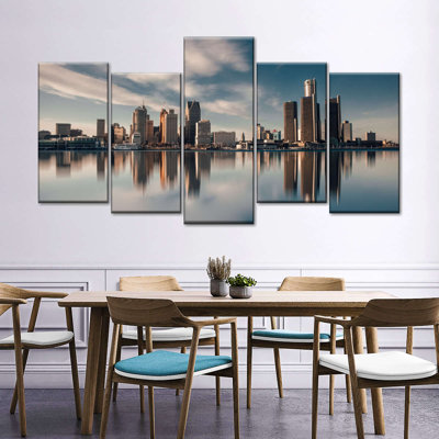 Detroit Skyline Reflection - Ensemble de 5 toiles tendues
