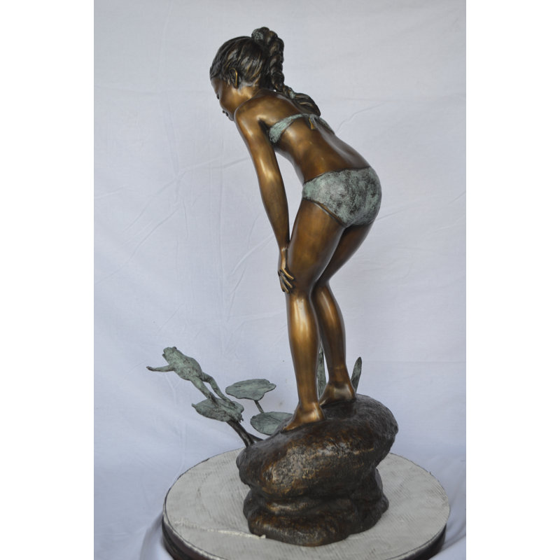 Copper and Metal Girl Looking at Frog Jumping Fountain